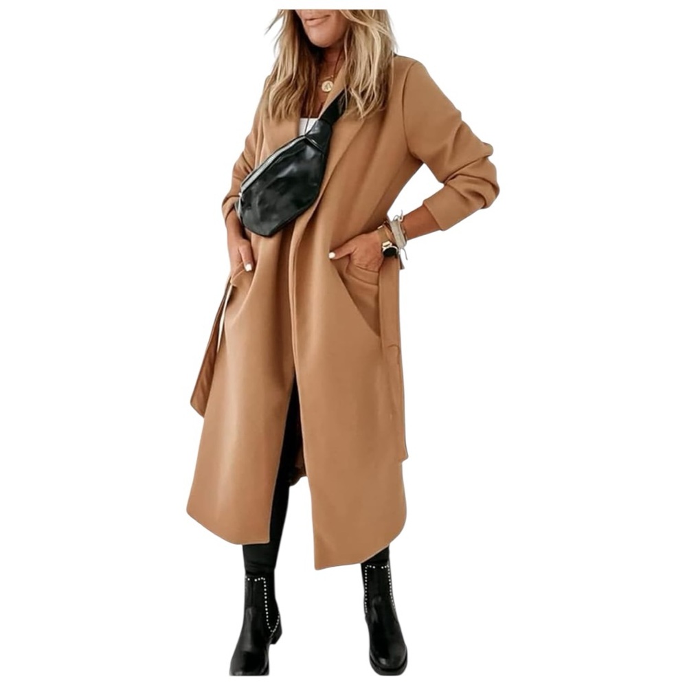 Tankaneo Camel Belted Long Coat Size XL Open Front Lapel Brand New - Picture 2 of 10
